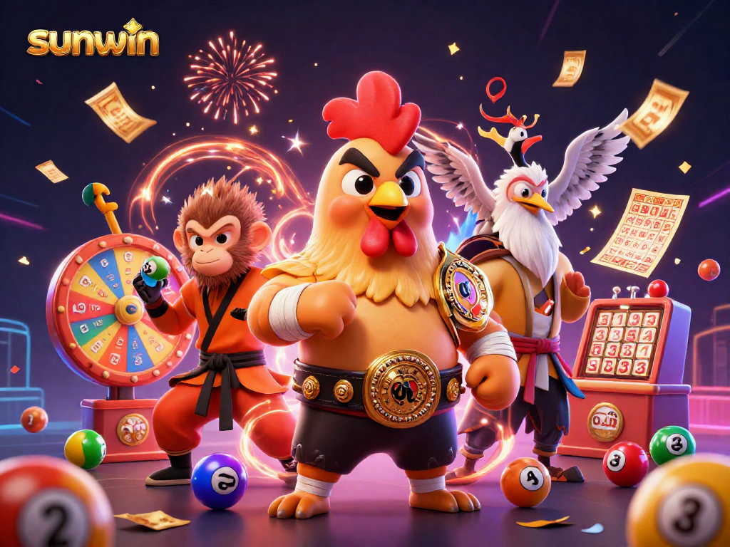 Engage in the sunwin gaming experience with vibrant casino characters battling amidst magical lottery elements.