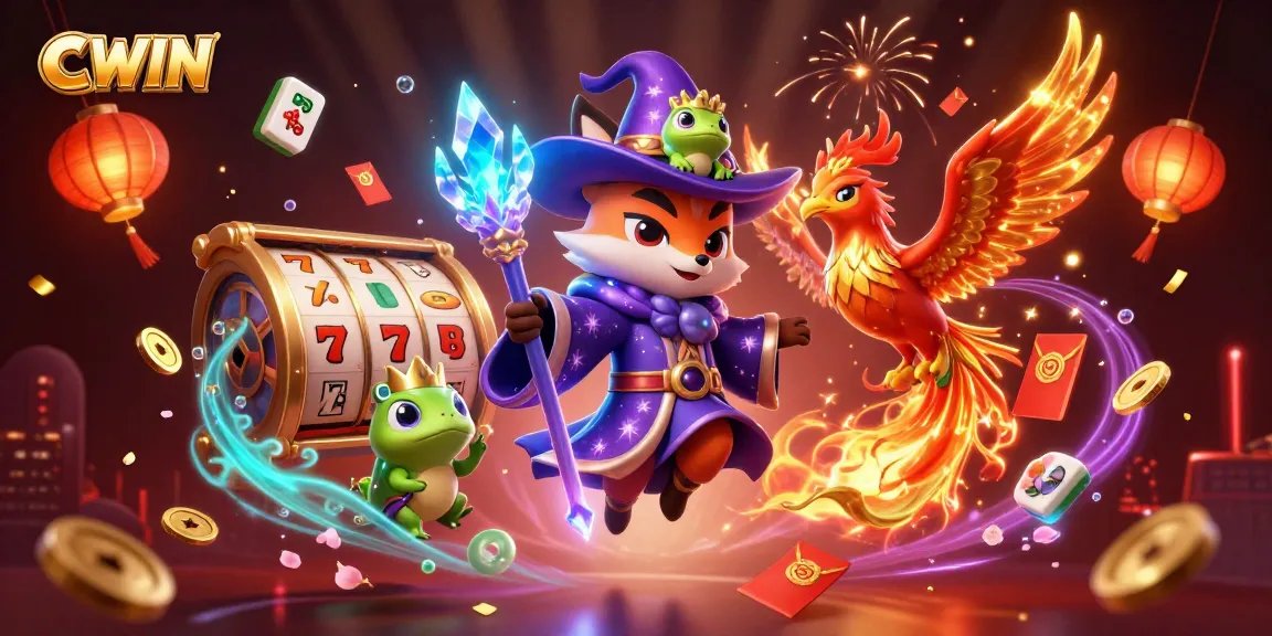 CWIN immerses players in a vibrant casino atmosphere with rich colors, slot games, and a magical wizard.