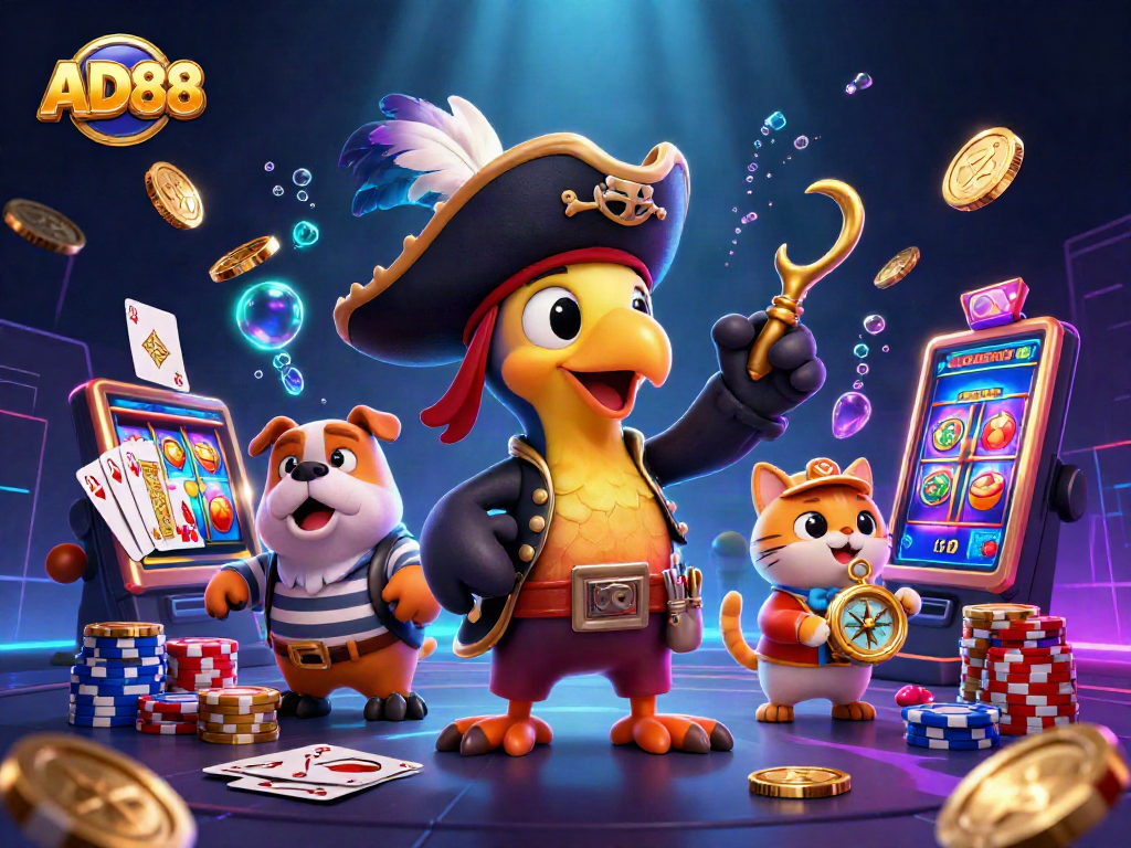 Experience the excitement of AD88 with a vibrant 3D casino illustration featuring cartoon characters amidst shimmering slot machines and coins.