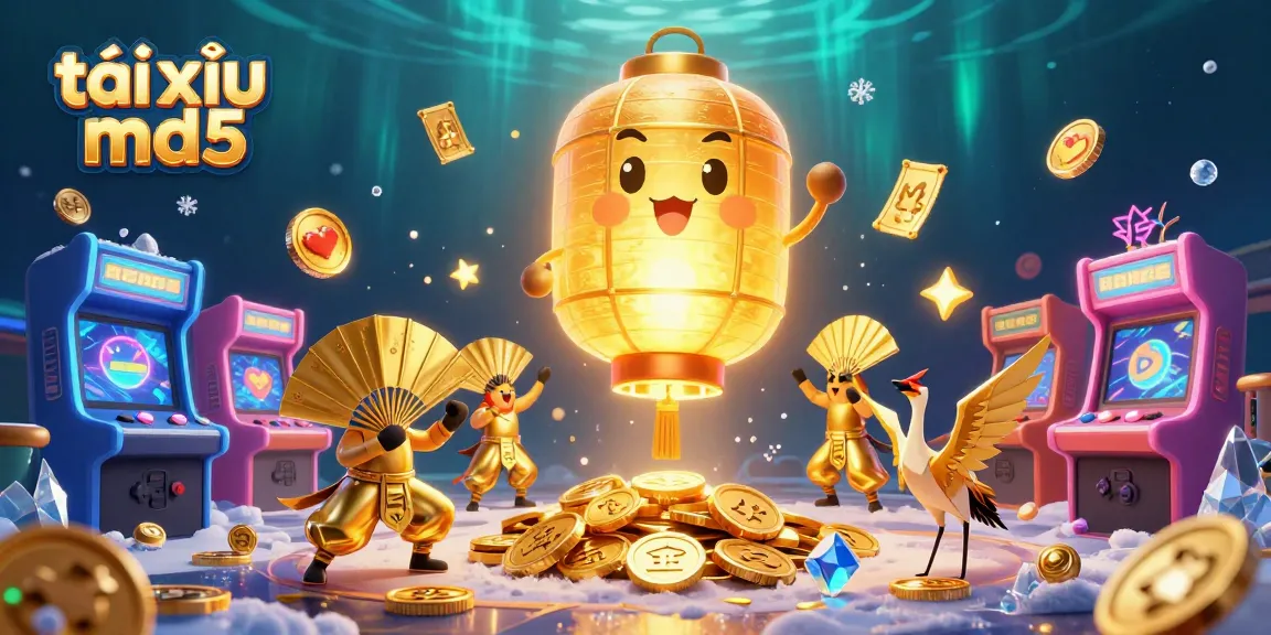 Tài xỉu md5 vibrant casino scene with golden lantern spirit, arcade machines, and dynamic game elements