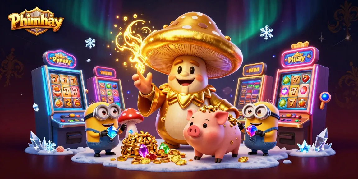 Phimhay features a magical casino scene with a wizard and treasures, showcasing slot machines.