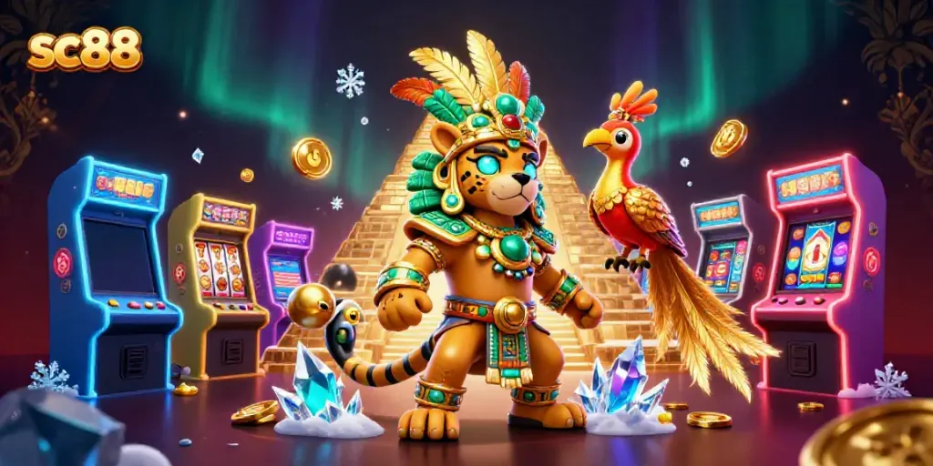 Experience thrilling gameplay with sc88 as a Mayan jaguar priest oversees vibrant slot machines.
