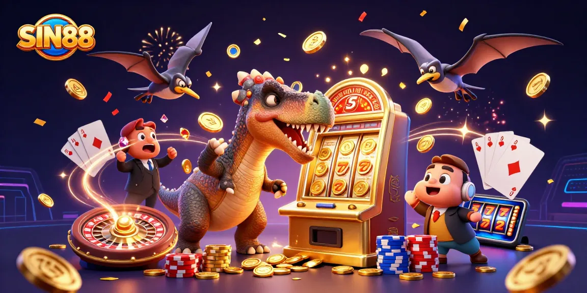 SIN88 features a pachycephalosaurus jackpot scene, with coins cascading and casino action unfolding.