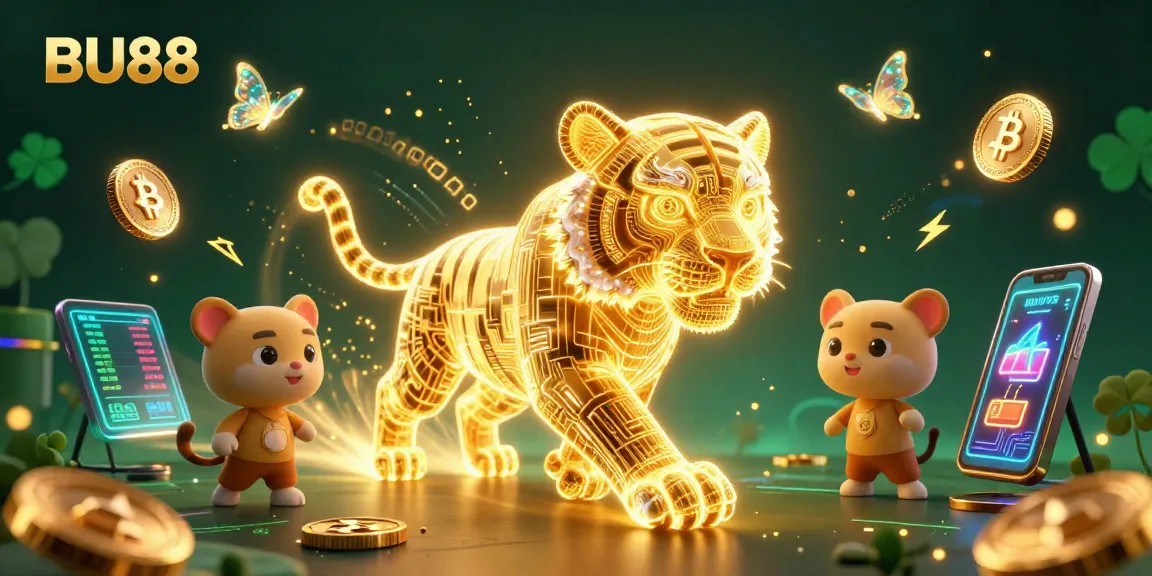 Engage with BU88's immersive experience, featuring a neon tiger in a digital casino landscape.