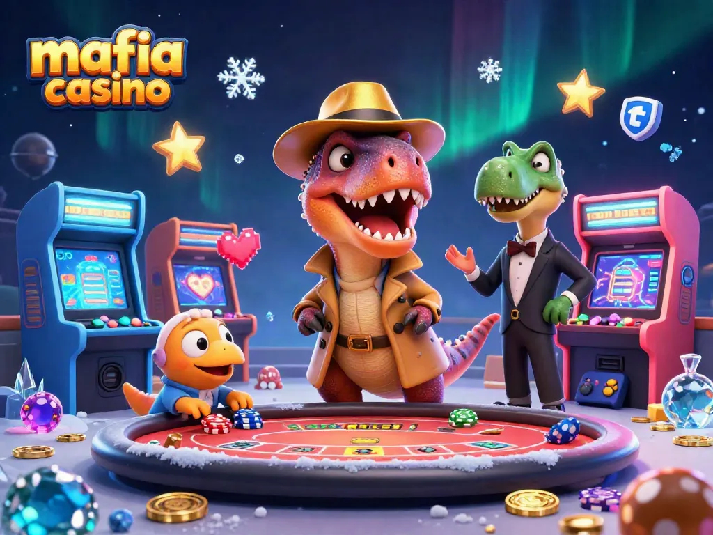 Win big at mafia casino with a unique 3D illustration of playful dinosaur characters engaged in gaming.