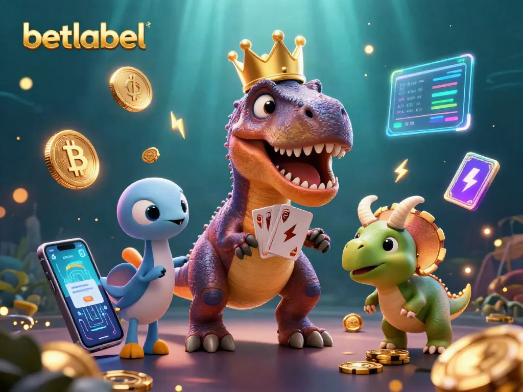 Engage with betlabel's thrilling card games featuring a T-Rex, a pterodactyl, and a baby triceratops amidst vibrant casino elements.