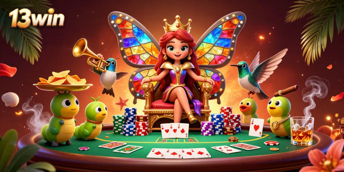 Engage in thrilling games at 13win with a vibrant casino illustration featuring a butterfly queen and poker elements.
