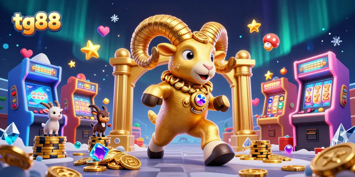 Experience the thrill of tg88 slots with a golden ram charging through a vibrant casino scene.