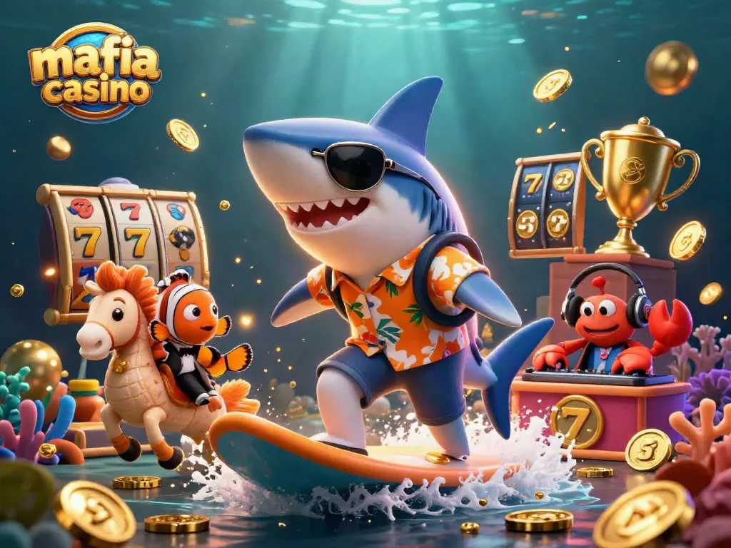 Experience the vibrant energy of mafia casino with a colorful underwater casino scene featuring a shark and friends.