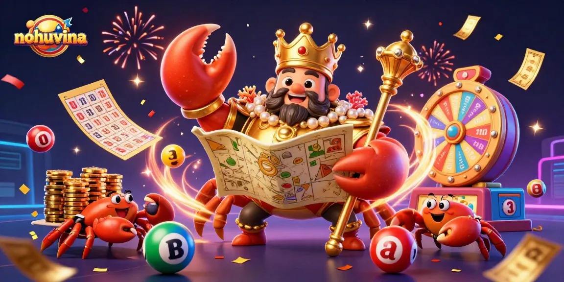 Nohuvina casino illustration with a golden crab emperor and dynamic lottery elements showcasing gaming excitement.