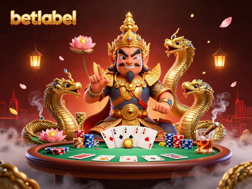 Betlabel poker scene featuring a guardian and Naga companions, vibrant casino elements