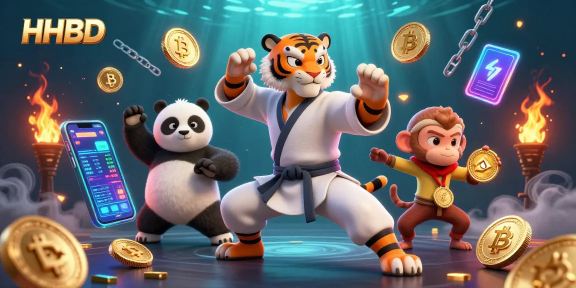 HHBD-themed whimsical 3D casino scene featuring a kung fu tiger and panda in martial poses.
