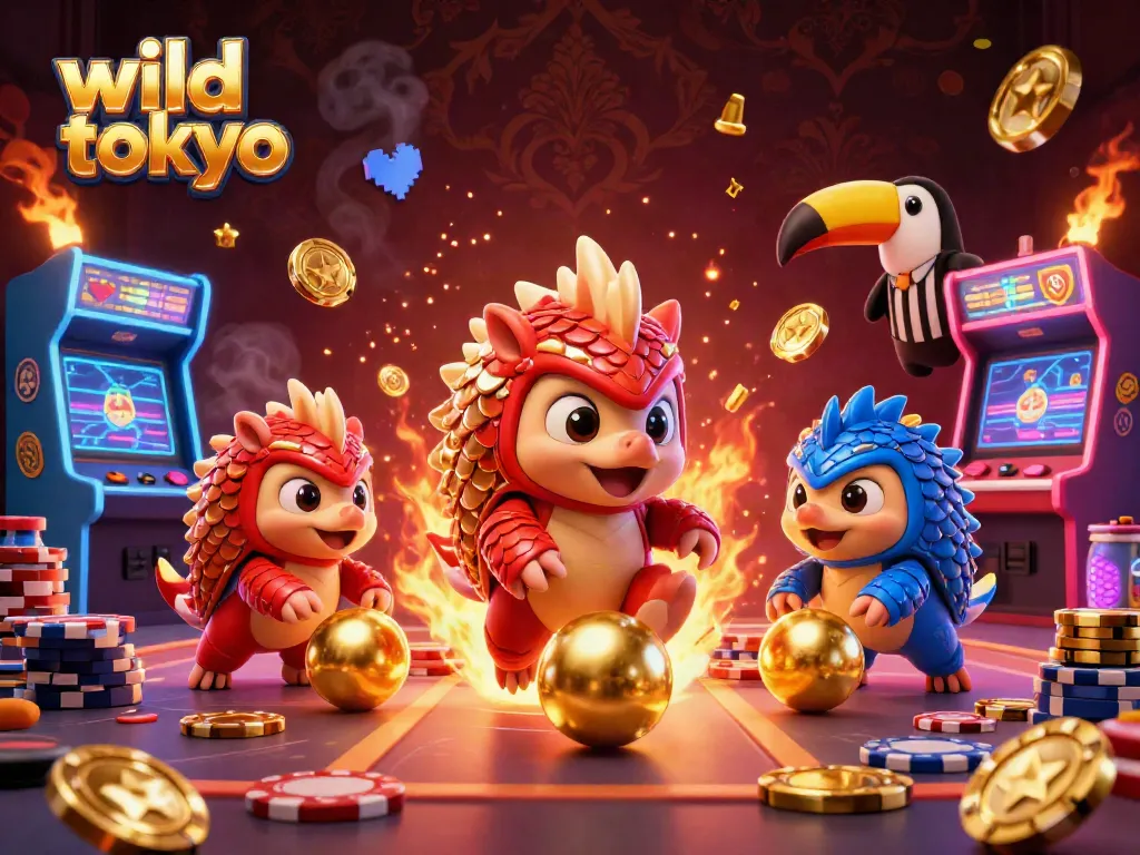 Experience thrilling gameplay in wild tokyo casino with pangolins bowling golden balls amidst vibrant gaming elements.