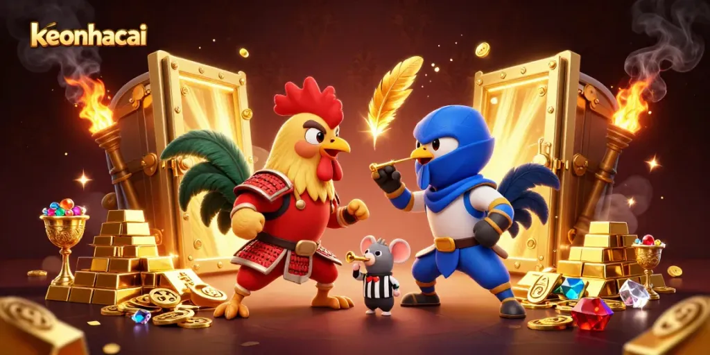 Experience thrilling cockfighting action in the vibrant keonhacai illustrated arena.