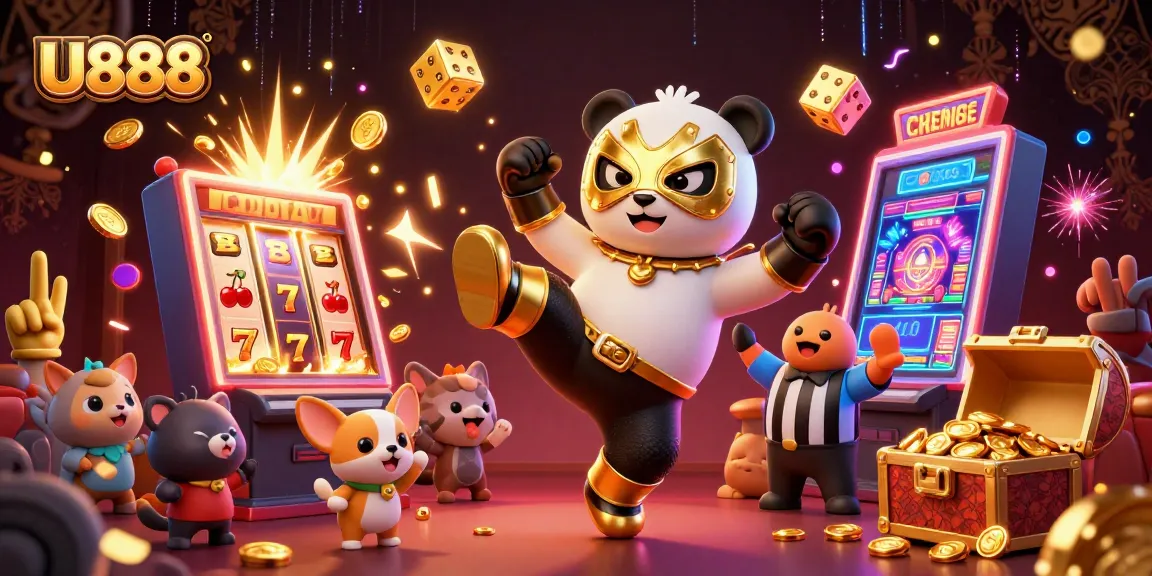 U888 casino excitement as a panda wrestler performs a flying kick amidst coins and slot symbols.
