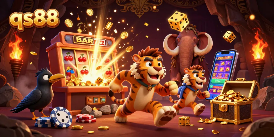 Spin to win with qs88: A vibrant, lively depiction of a prehistoric casino environment.