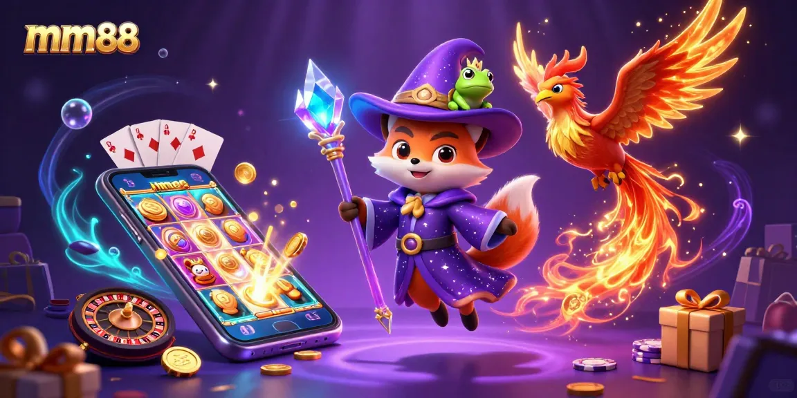 Experience thrilling gameplay with mm88 featuring a cartoon wizard fox and phoenix in an enchanted casino.
