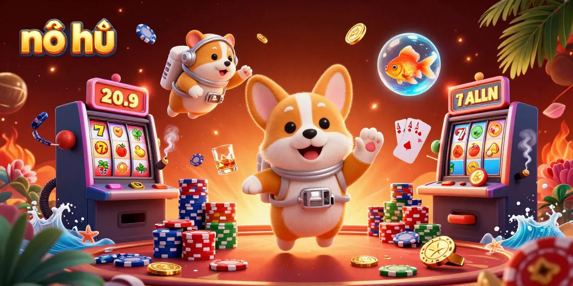 Experience the excitement of nổ hũ with a 3D illustration of a playful astronaut corgi in a casino.