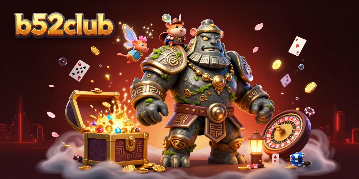 B52Club empowers players to win with engaging gaming visuals featuring golem guardian and treasures.