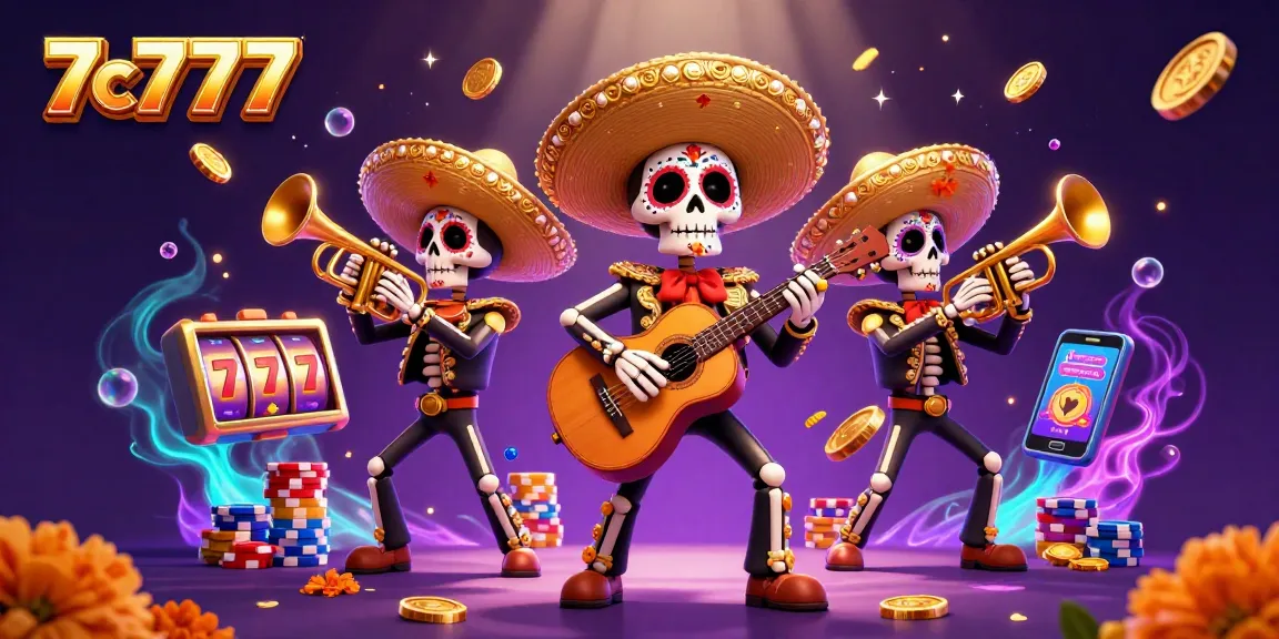 Engage with 7c7777 in a vibrant 3D casino scene, featuring lively mariachi skeletons and dynamic game elements.