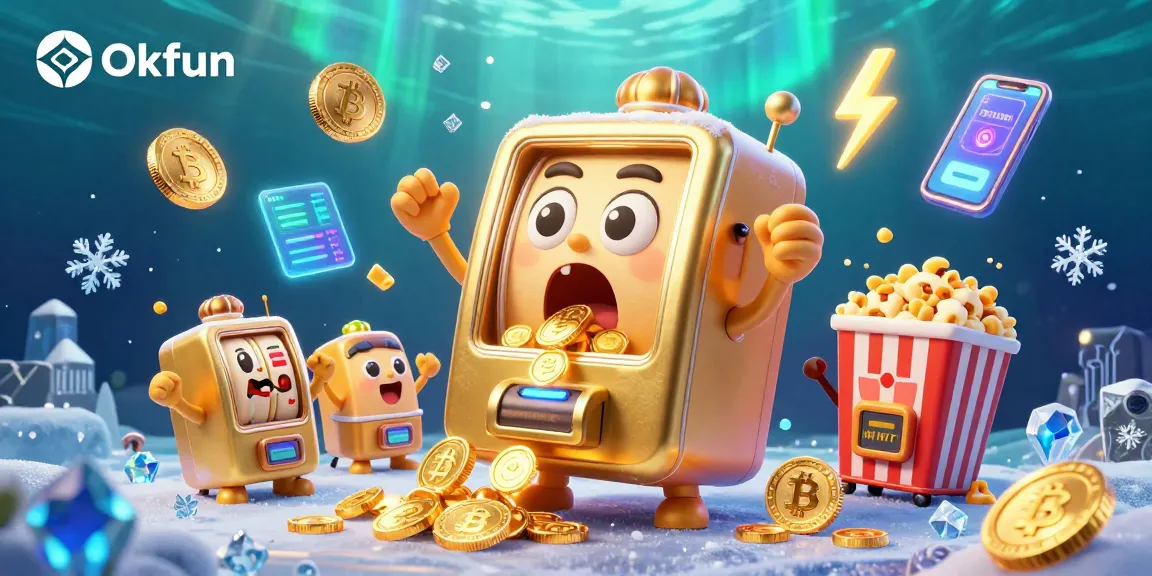 Okfun slot machine hitting a jackpot, surrounded by coins and cheering machines in a vibrant casino scene.