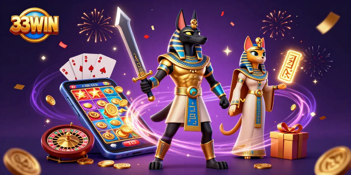 Experience the thrill of 33WIN with Anubis and Bastet amidst vibrant casino gaming elements.
