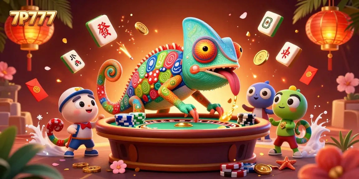 Experience the vibrant world of 7P777 casino with a dynamic chameleon owner amidst lively gaming elements.