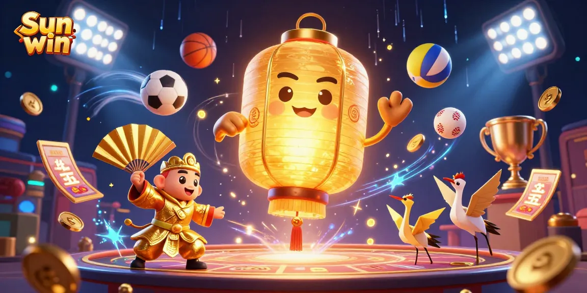Engage with the Sun win casino excitement, featuring a glowing lantern spirit amidst dynamic sports elements.