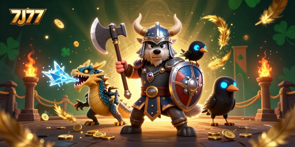 Engage with 7J77's thrilling atmosphere full of vibrant casino elements featuring a Viking wolf warrior.