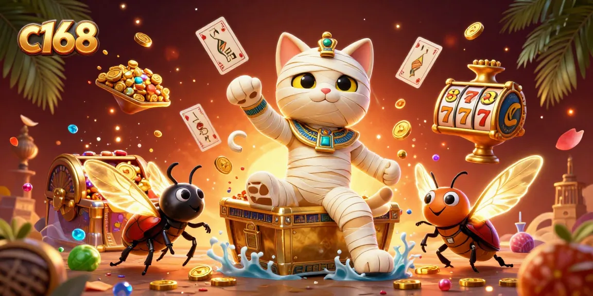 C168 offers thrilling slot games alongside an Egyptian mummy cat with glowing elements, enhancing entertainment.