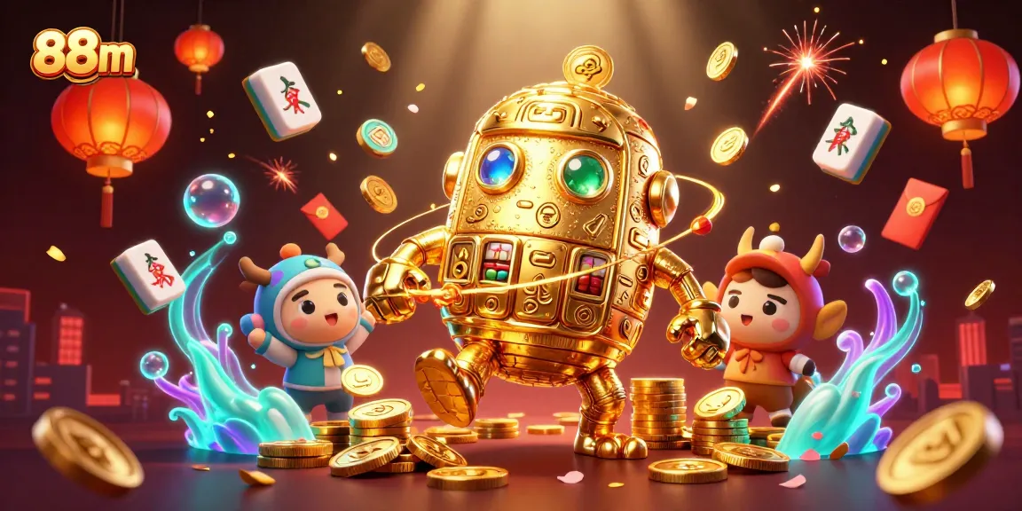 Experience thrilling wins at 88m with a vibrant casino scene featuring a golden golem and festive elements.