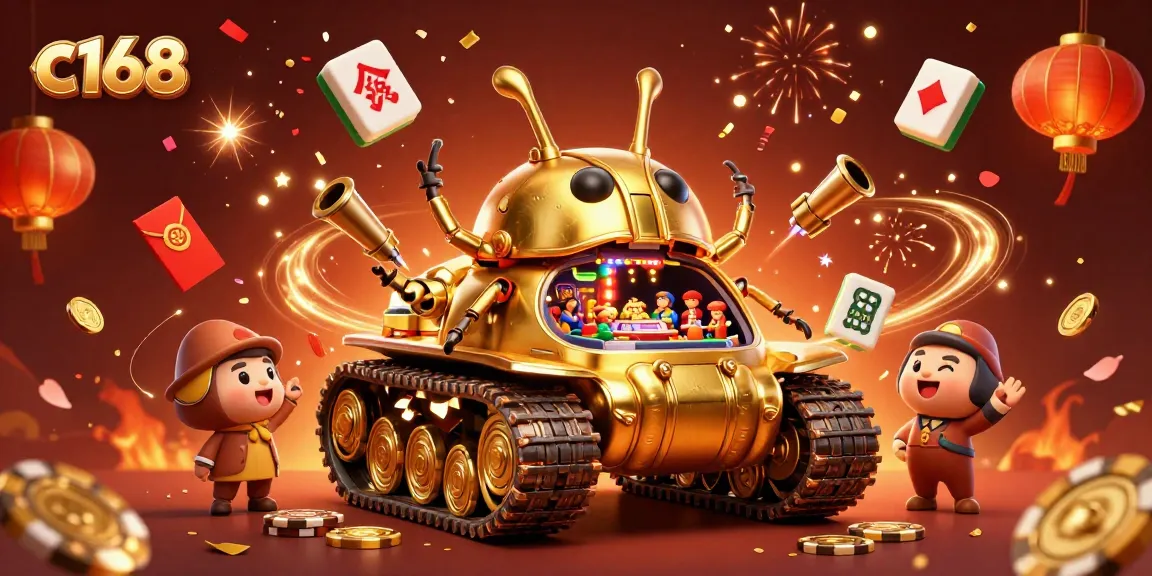 Experience thrilling wins with c168 in a vibrant 3D casino scene filled with festive elements.