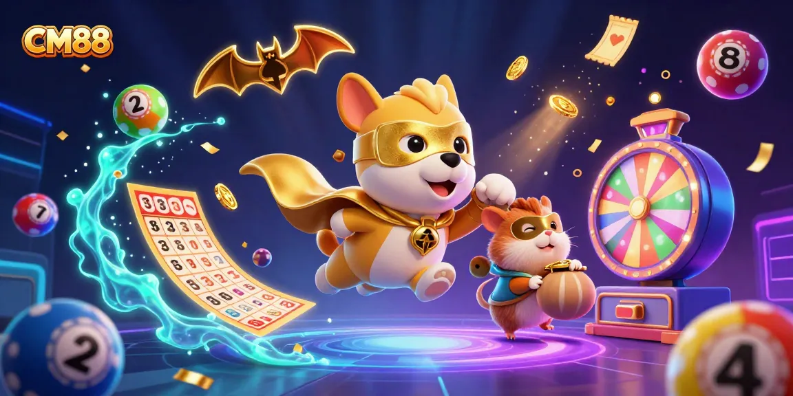 Join the excitement of CM88's gaming world with a superhero dog and hamster amidst colorful lottery elements.