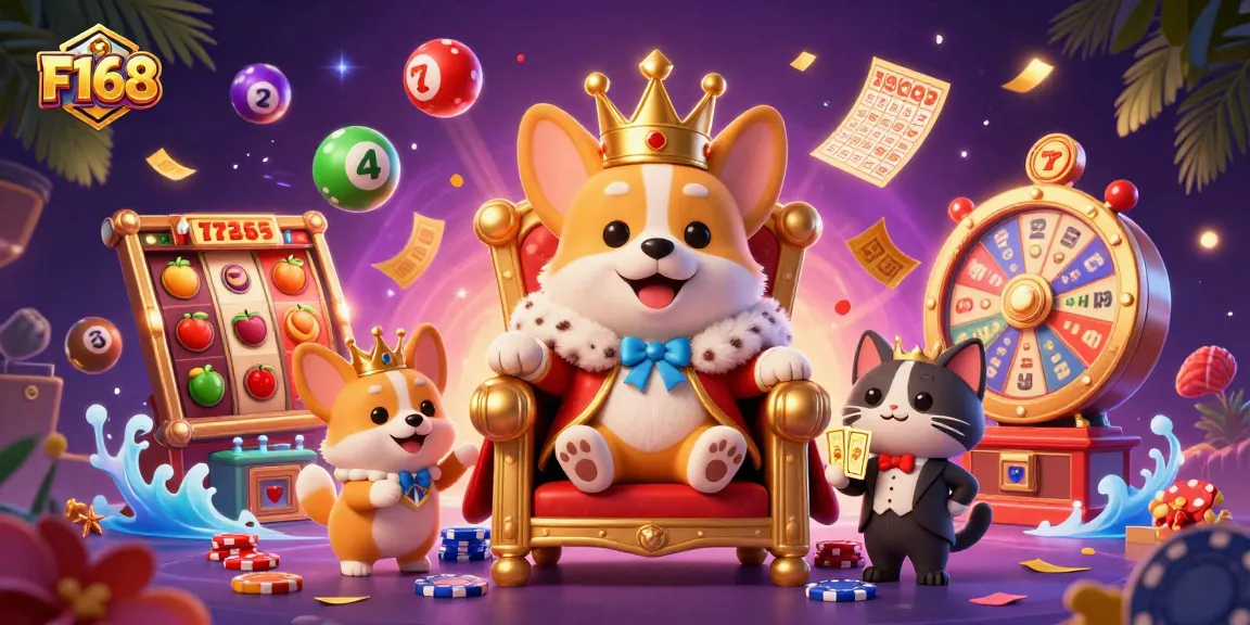 Spin to win with F168 at a vibrant casino with corgis and colorful symbols.