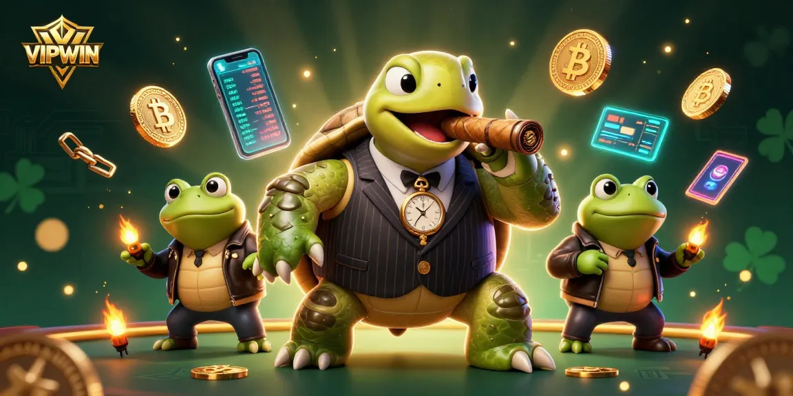 Engage with VIPWIN's vibrant casino world featuring a stylish turtle and bullfrog enforcers.