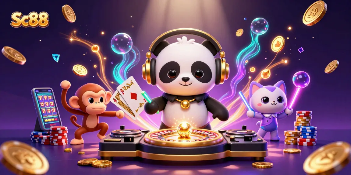 Experience fun and excitement at Sc88 with a vibrant 3D casino scene featuring playful characters and dynamic game elements.