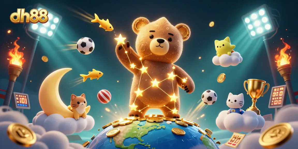 dh88 captivates players with a vibrant scene of casino games and stars, showcasing thrilling betting action.