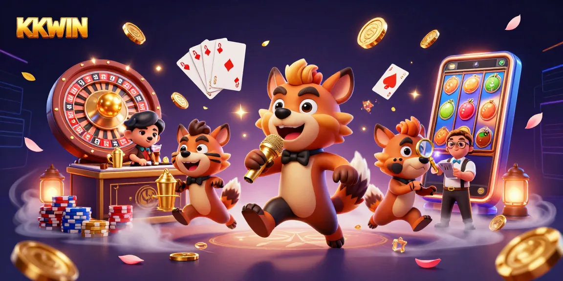 KKWIN comedy casino scene with hyenas enjoying drinks, games, and stand-up comedy.