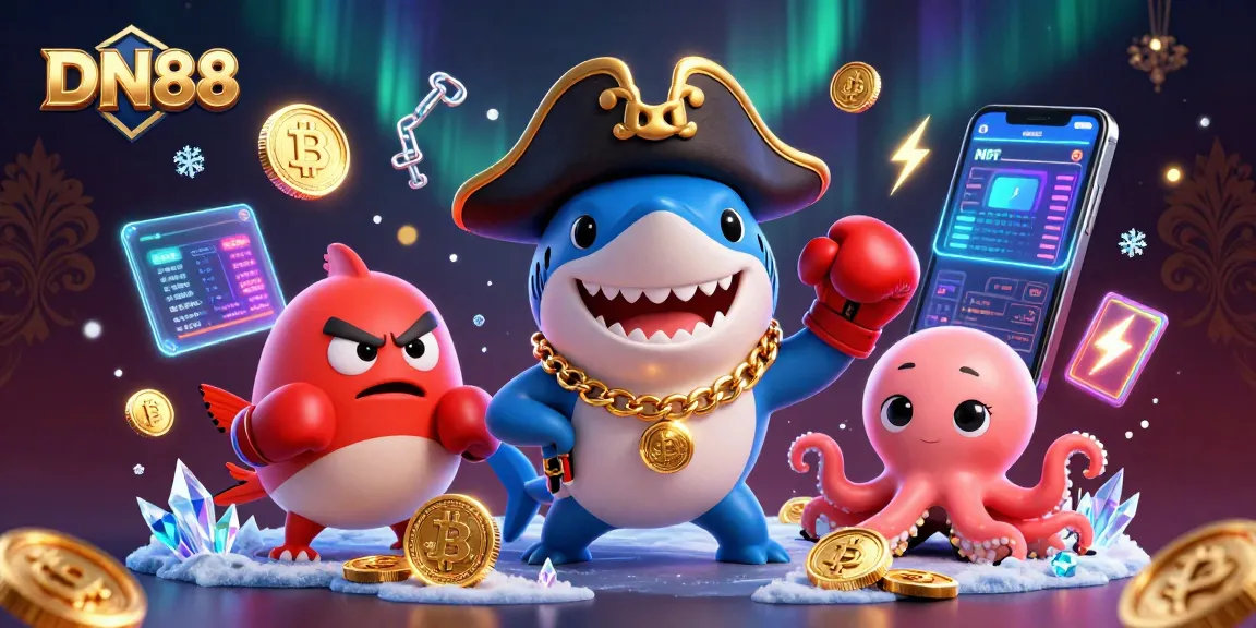 Engage and win at DN88 with fun characters like a pirate shark, pufferfish, and octopus.