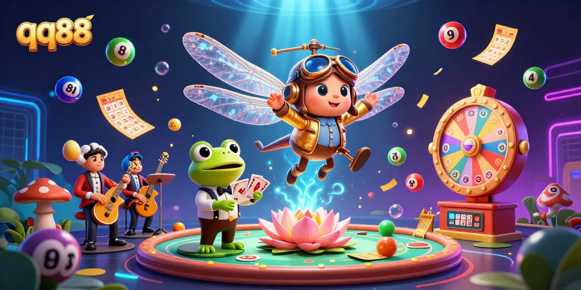 Experience the excitement of qq88 with vibrant casino elements including a dragonfly pilot and frog croupier.