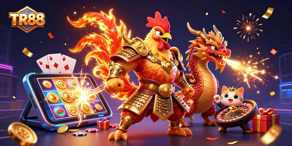 TR88 players engaging with vibrant casino action featuring a rooster warrior and dragon hatchling.