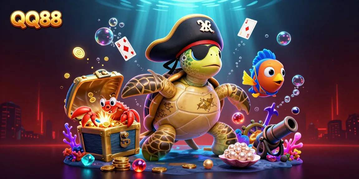 Experience exhilarating gaming with QQ88; a vibrant 3D illustration showcasing a thrilling underwater casino adventure.
