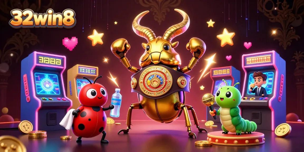 Engage with 32win8 in a vibrant gaming scene featuring unique characters and dynamic casino elements.