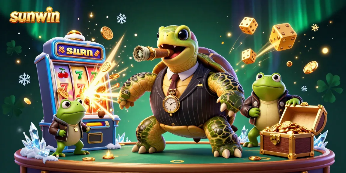 Win big with sunwin in this vibrant casino scene featuring cartoon characters and slot elements.