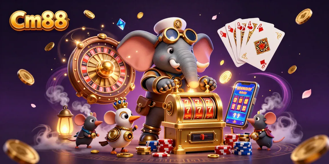 Cm88 captures exciting moments as a steampunk elephant operates a gold slot machine, surrounded by vibrant casino elements.