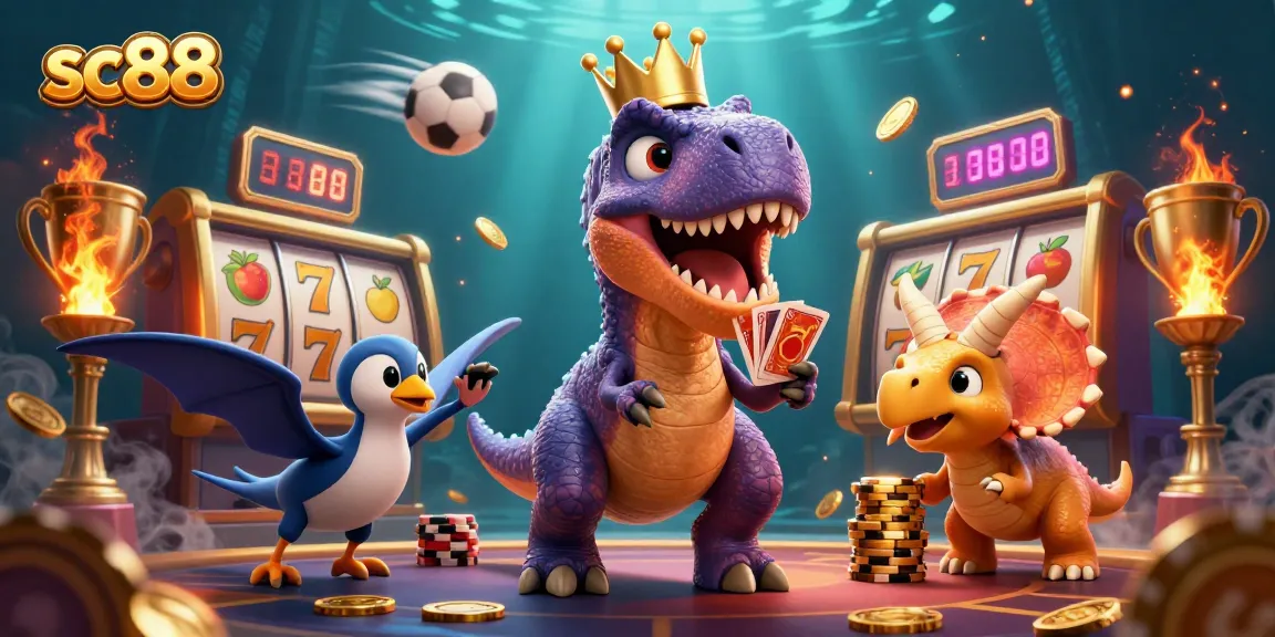 Join the fun at sc88 as a T-Rex shuffles cards and wins in a vibrant casino atmosphere!
