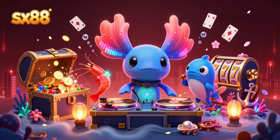 Experience the vibrant scene at sx88 with a neon axolotl DJ and dynamic gaming elements.